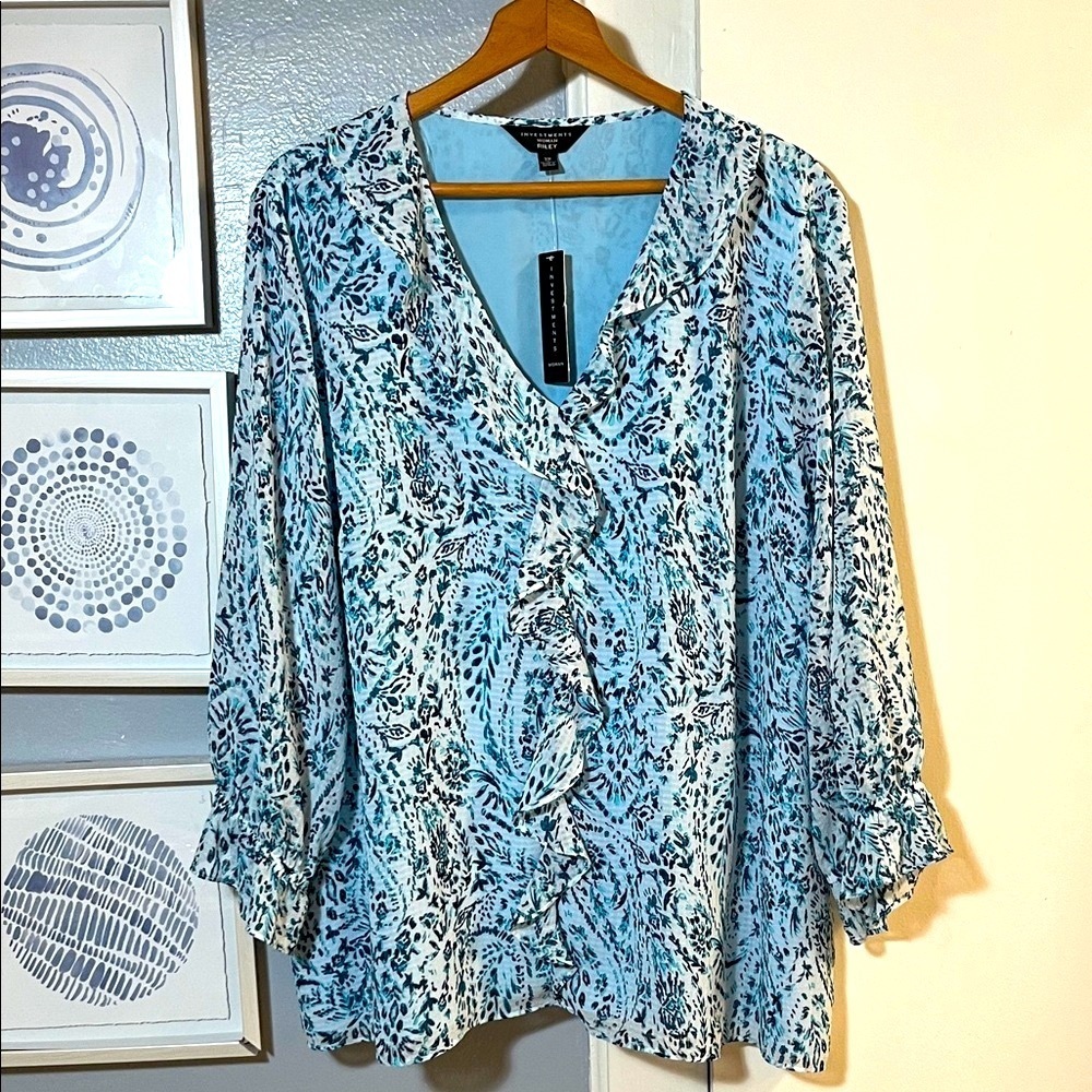 Investments Women’s Plus Size 3X Riley Blue Soft Paisley Ruffle Front Top